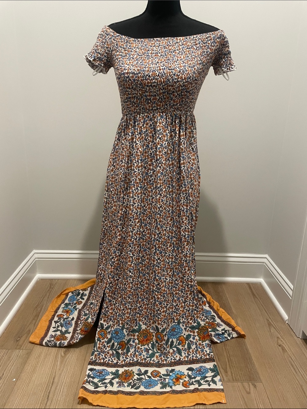 Smocked Off-Shoulder Floral Maxi Dress in Mustard and Blue